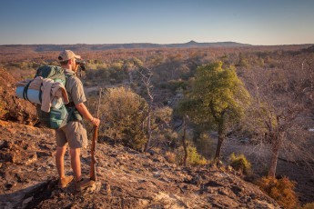 Close to our second camp, Backup Guide Nep searches the wilderness for animals and discovers a herd of Cape buffalo.