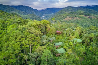 Blick auf die La Tigra Rainforest Lodge. Nachts haben wir, umgeben von einem leisen Konzert an Naturgeräuschen, ganz hervorragend geschlafen.