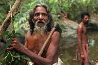 Kiri Bandiya calls on the spirits of the forefathers and the gods of the forest for protection and safety before climbing on the tree with the beehive.