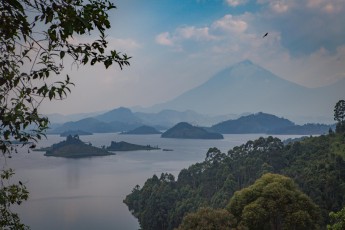 View from Chameleon Lodge across Lake Mutanda towards Rwanda.