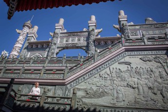 Annette in the Wen Wu Temple, a masterpiece of traditional Chinese architecture.