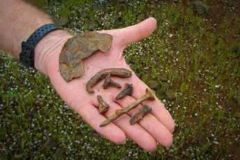 Eisengegenstände, die zwischen dem Kopfsteinpflaster des Camino Real gefunden wurden: Fragmente von Hufeisen und Nägeln (Foto von Christian Strassnig).