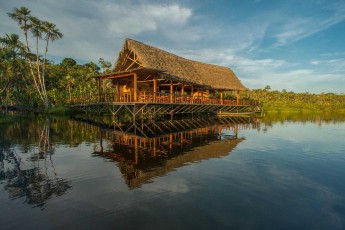 The Sacha Lodge restaurant as seen from Lake Pilchicocha.
(Photo by Sacha Lodge)