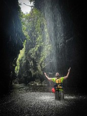 Santu Island: A short break under the waterfall.