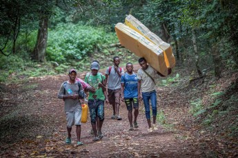 Mit schwerer Fracht auf dem Kopf wandern junge Männer durch die dichten Regenwälder der Amber Mountains.
