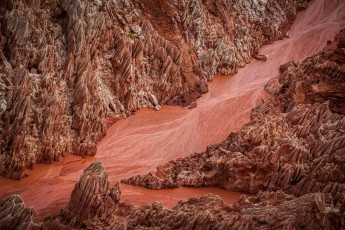 Wie eine außerirdische Mondlandschaft erstrecken sich die messerscharfen Tsingy-Nadeln in spektakulären Ockertönen - zwischen den bis zu 100 Meter hohen Kalksteinpinnakeln haben sich eisenoxidreiche Sedimente in leuchtenden Rottönen abgelagert und bilden eine der bizarrsten Karstlandschaften der Erde.